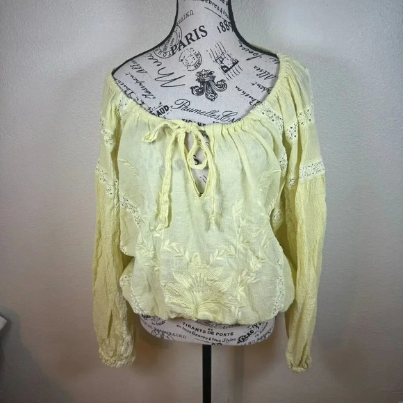 Free People Maria Maria Lace Yellow Embroidered Peasant Boho Top Size S - Picture 3 of 11